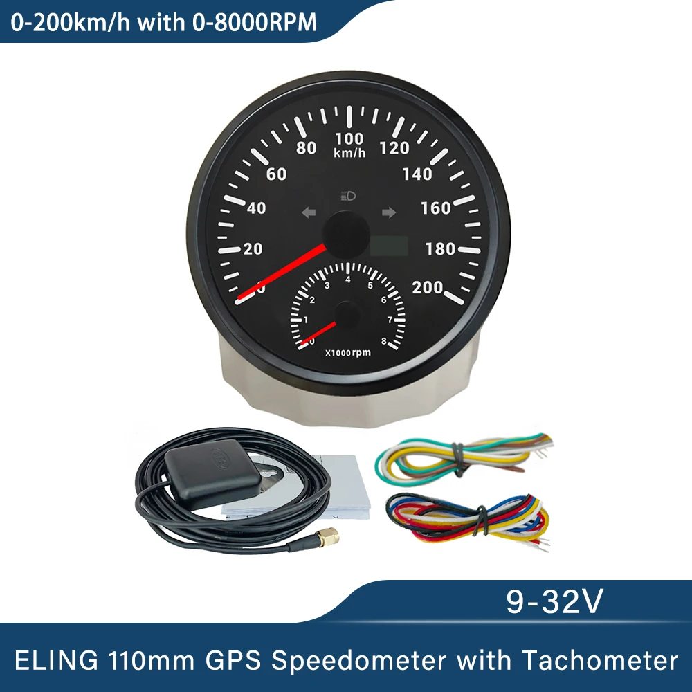 

ELING Car Universal 110mm GPS Speedometer 0-200km/h with 0-8000RPM Tachometer with Red Backlight for Yacht Van Boat 12V 24V
