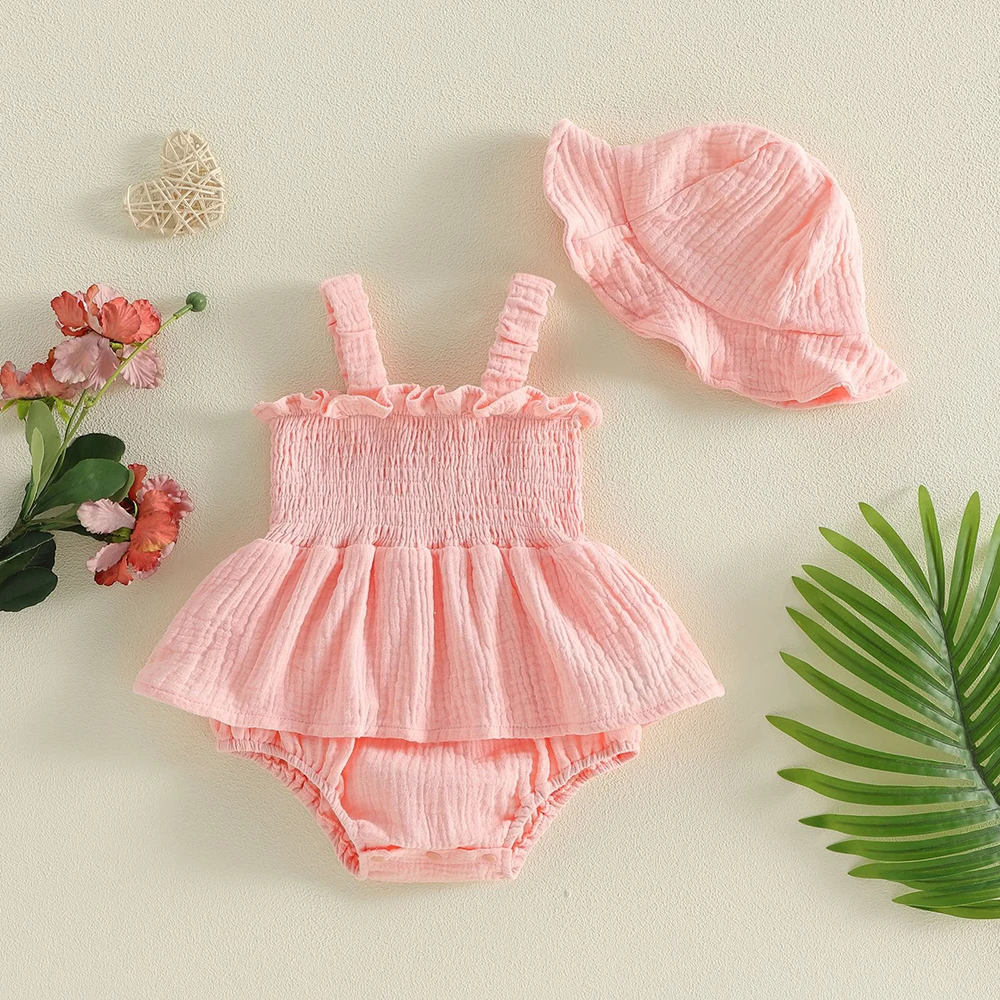 2026 Summer Baby Bodysuit 3-18M Korean Thin Sweet Toddler Clothes Solid Color Infant Girls Cotton Jumpsuit +Hat