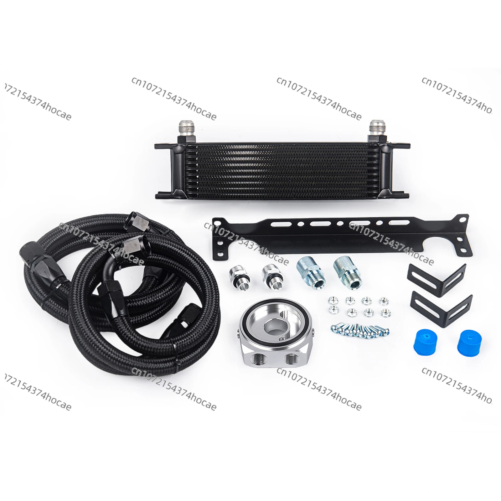 Universal 10 row oil cooler kit+oil filter interlayer adapter+nylon stainless steel braided AN10 hose+mounting bracket black