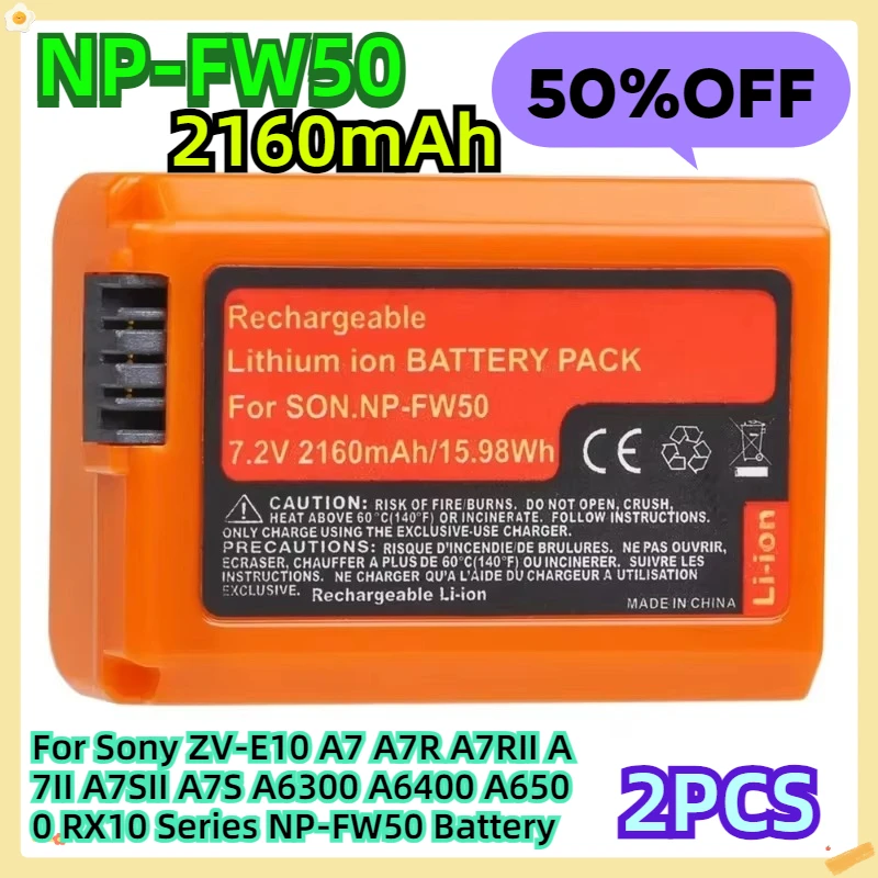 

For Sony ZV-E10 A7 A7R A7RII A7II A7SII A7S A6300 A6400 A6500 RX10 Series 2160mAh NP-FW50 Battery 2pcs