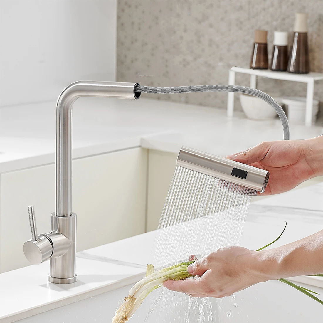 Kitchen Faucets Waterfall Faucets for Kitchen Sink Single Lever Pull Out Spring Spout Mixers Tap Hot Cold Water Crane 3668