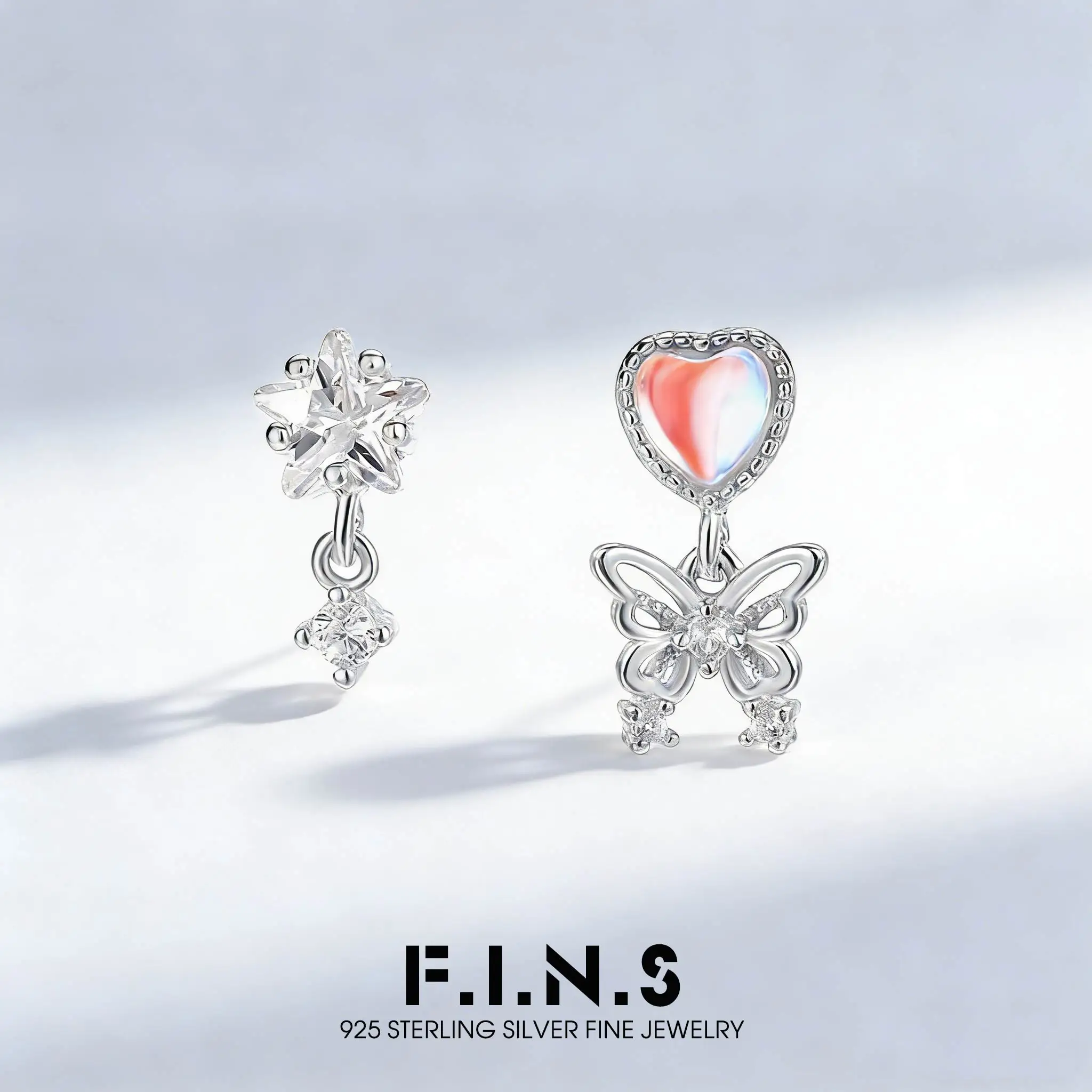 

Серьги-гвоздики F.I.N.S из стерлингового серебра S925 с переливающимися сердечками-бабочками, изящные асимметричные серьги-гвоздики с цирконами в форме звезды