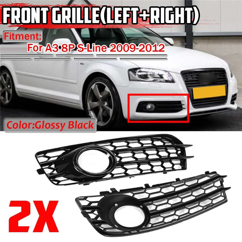 1 Pair Car Front Bumper Fog Light Mesh Grille for Audi A3 8P S-Line 2009-2012 Fog Lamp Honeycomb Grille Covers