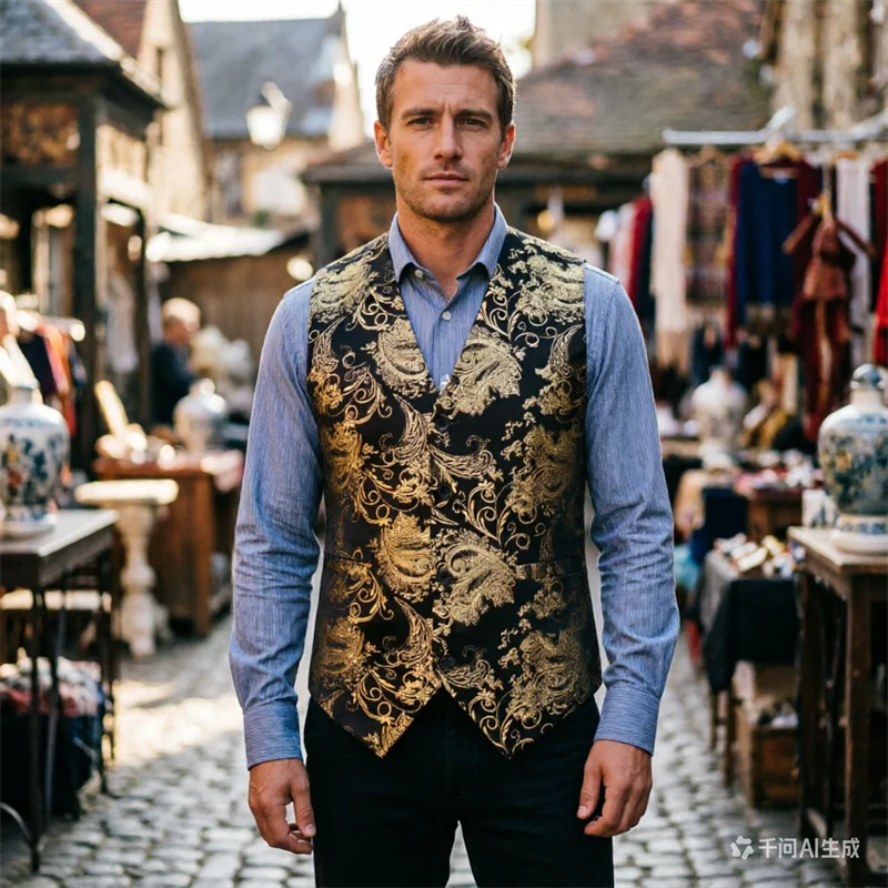 

New Men Luxury Wedding Suit Vest Gold / Silver / Red Fashion Male Gold Velvet Embossed Waistcoat
