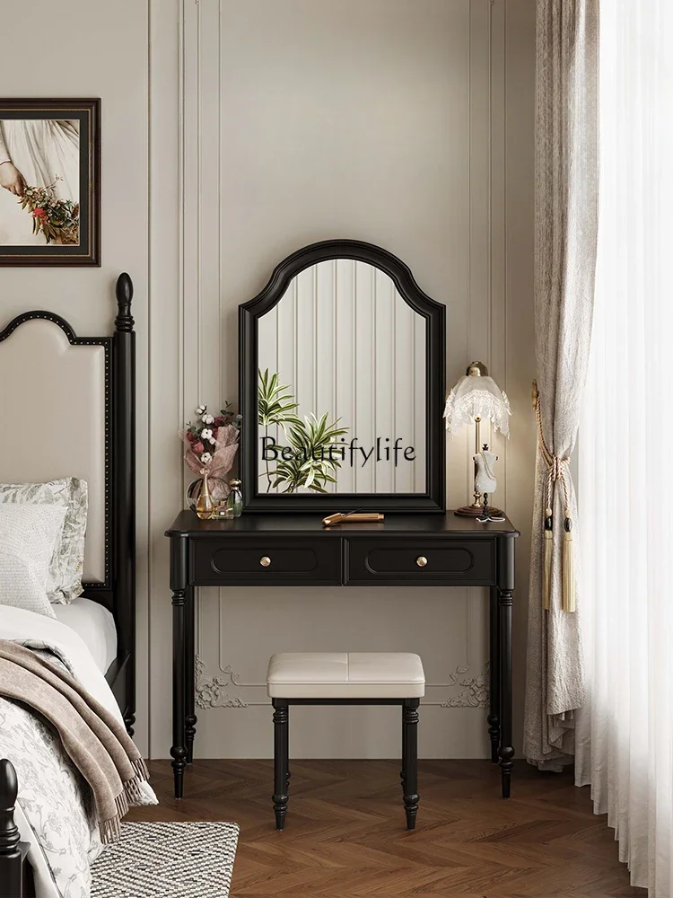 

03.American dresser large makeup mirror solid wood antique French black retro desk light luxury