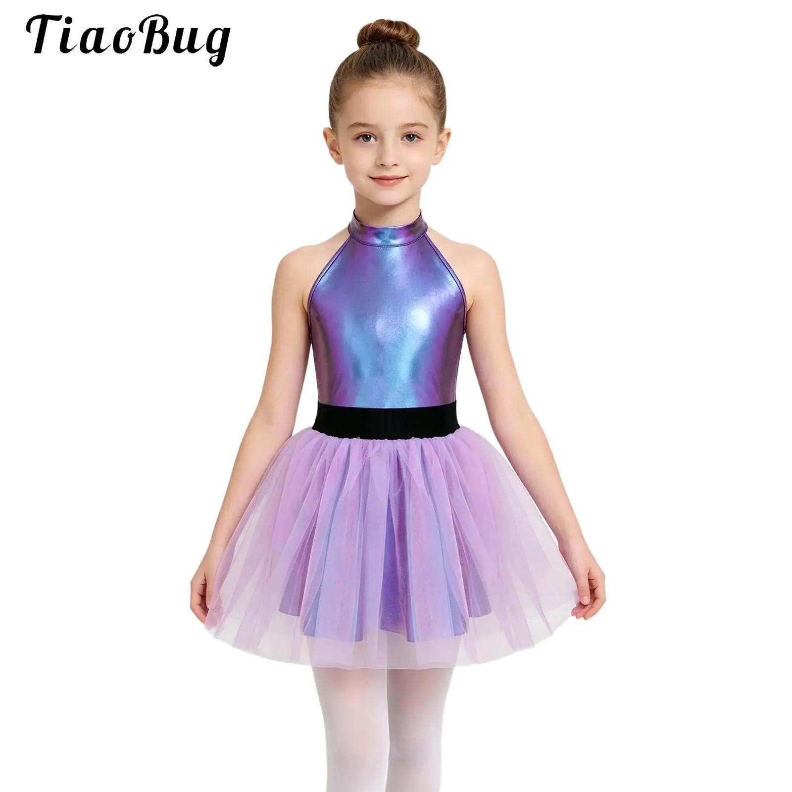 Kids Girls Halter Ballet Dance Tutu Dress Gymnastics Skating Ruffled Tulle Skirt Leotard Shiny Metallic Halloween Alien Costumes