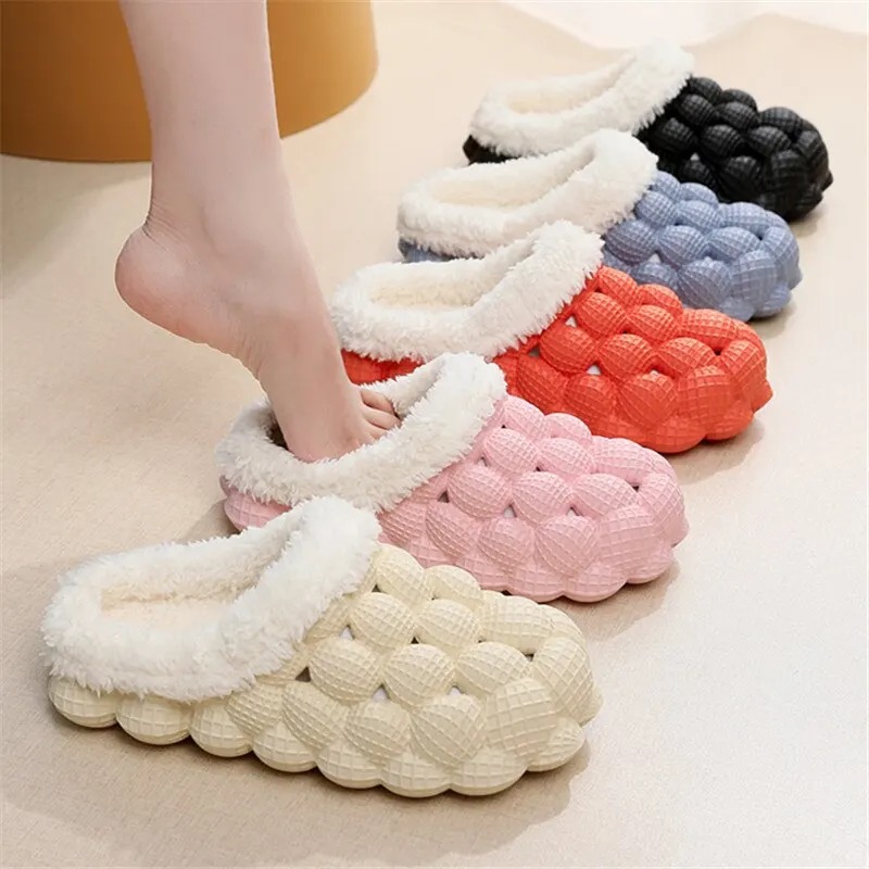 Women Slippers Home Bubble Slides Winter Warm Cotton Cloud Slippers Indoor Non-slip Spa Flip Flops Soft Pillow Massage Shoes