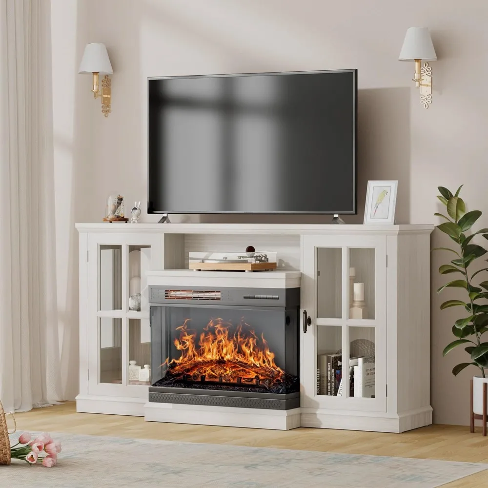Fireplace TV Stand,3-Sided Glass Fireplace,for TVs Up To 65’’, Entertainment Center,with Door Storage Cabinet,Electric Fireplace