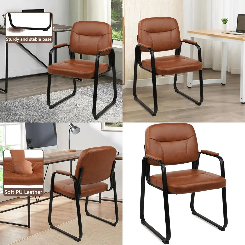 

Leather Reception Chairs without Wheels, Sled Base Lobby Chairs with Padded Arms, Brown Executive Office Chair