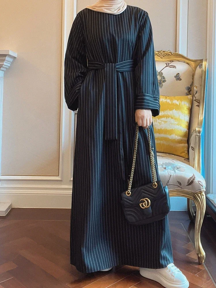 Ramadan Jurk Voor Vrouwen Moslim Gestreepte Abaya Eid Mubarak Gebed Lange Gewaad Dubai Kalkoen Islam Jurk Kaftans Abayas Vestidos Largo