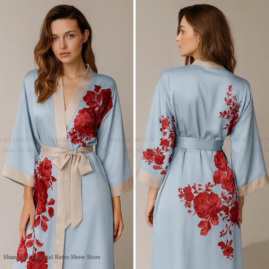 New Women's Long Robe Home Dressing Gown Print Flower Kimono Bathrobe Gown Yukata Elegant Ice Silk Nightgown Loungewear Lingerie