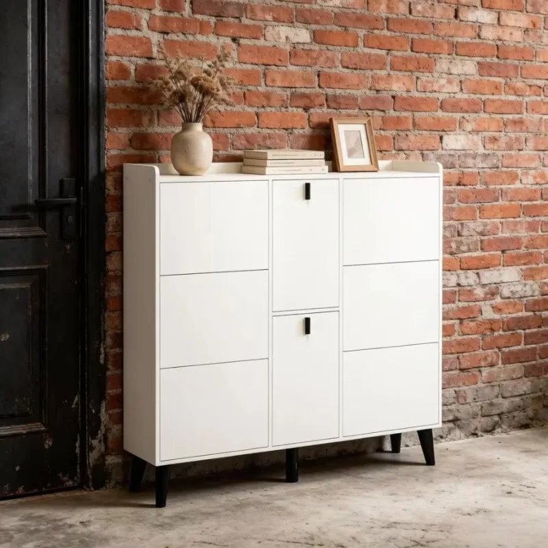 Modern Revolving Shoe Cabinet for Living Room & Supermarket Entry 6 Shelves 2 Doors Durable Wooden Design