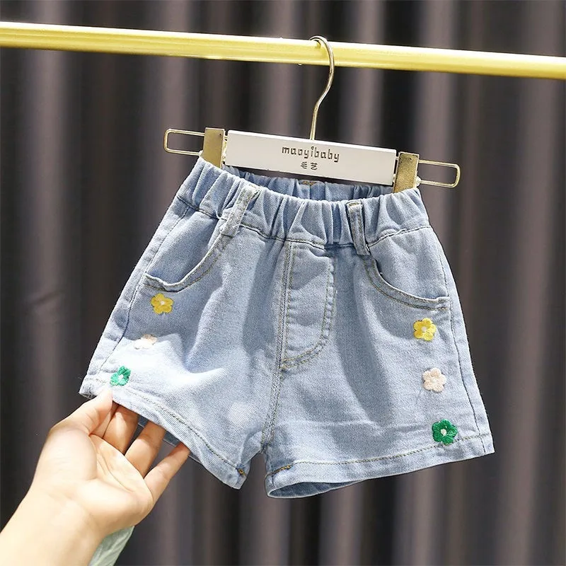 Girls Denim Shorts Summer Flowers Embroidery Elastic Waist Short Pants Children Solid Color Casual Jean Shorts 2-12Y