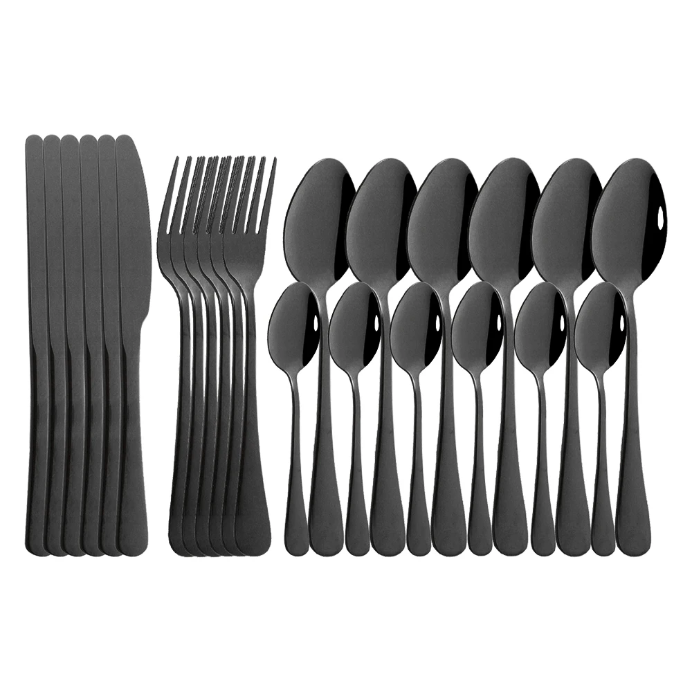 24pcs Black Mirror Dinnerware Stainless Steel Cutlery Fork Knife Spoon Tableware Flatware Silverware