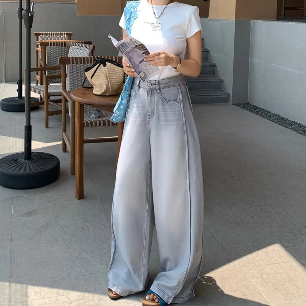 

Светло-серые свободные джинсы Yumati, женские летние тонкие широкие брюки, трехмерный крой, грушевидной формы, закрывающие бедра, новый стиль