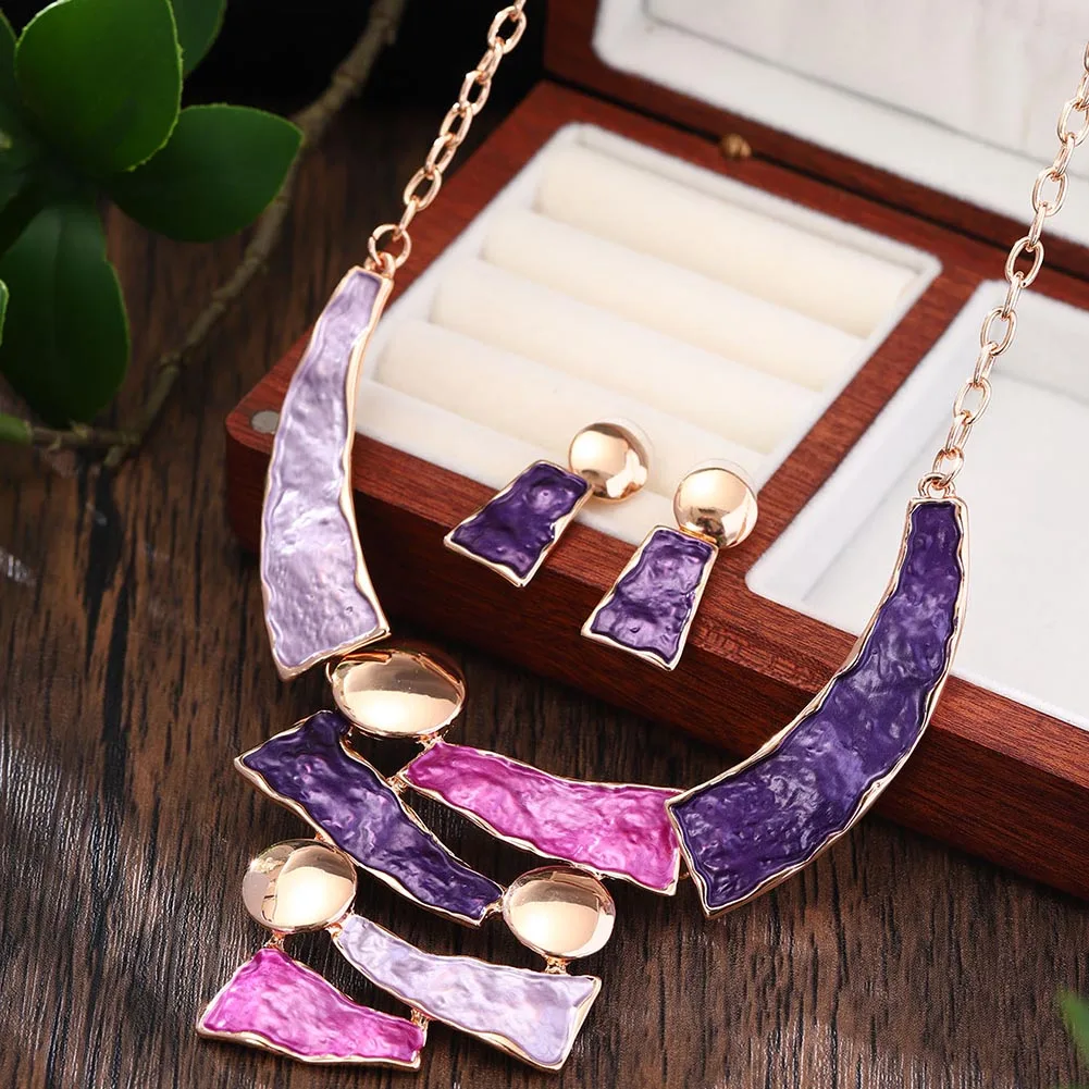 MeiceM Multi Color Jewelry Set Zinc Alloy Geometric Fashion Elegant Women\'s Enamel Necklace Earring Set Mother\'s Day Gift 2024