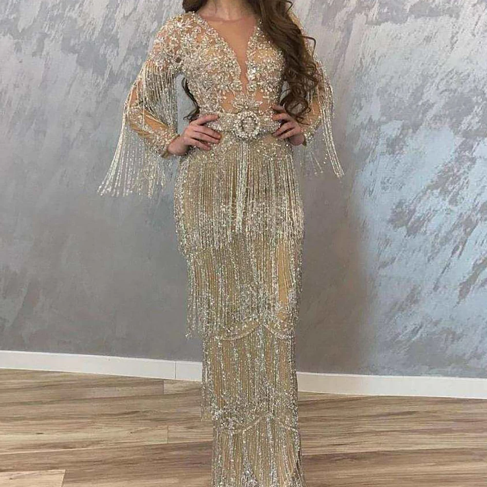 

Gorgeous Crystal Tassel O-Neck Evening Dresses Long Sleeve Floor Length Appliques Mermaid Formal Occasion Luxury Prom Gowns 2024