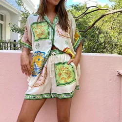 2024 Summer Casual Two Piece Short Sets Print Short Sleeve Oversize Shirts And Shorts 2 Piece Set Office Shirts Suit Outfit