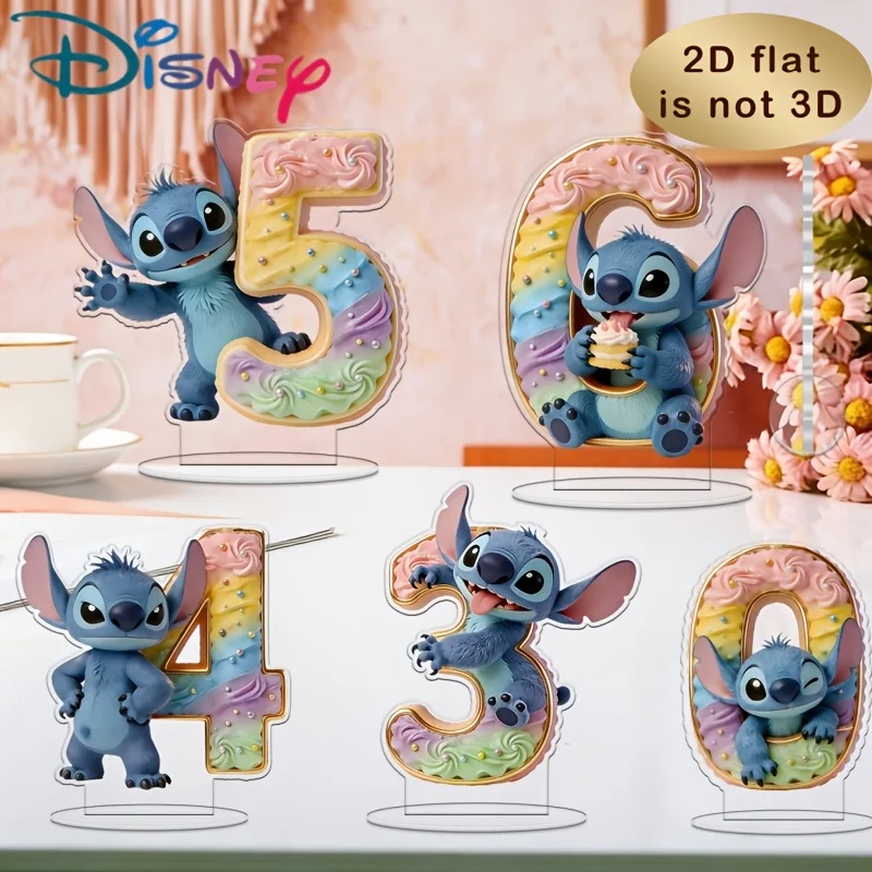 Figuras acrílicas 2D de Anime Disney Lilo & Stitch, número 0-9, decoración de escritorio para niños, adorno para pastel, figura de pie, regalo de cumpleaños para niñas