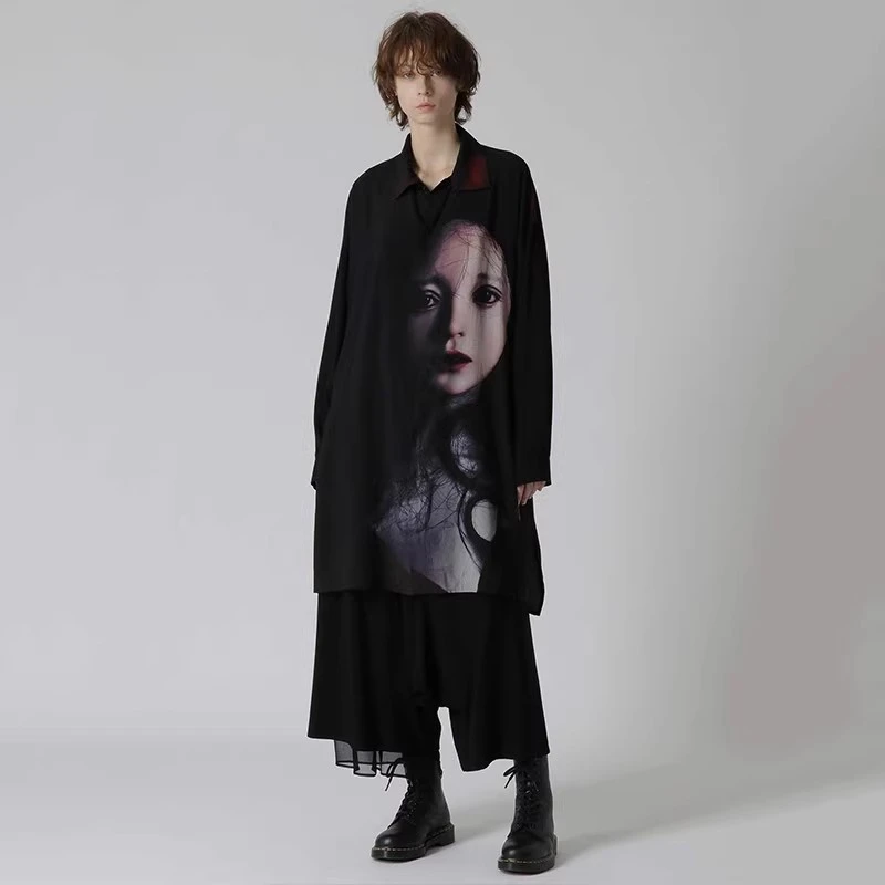 

New Spring Autumn Men Tide Dark Baggy Shirts Beauty Printing Yamamoto-Style High Street Techwear Chic Ins Women Shirt Tops