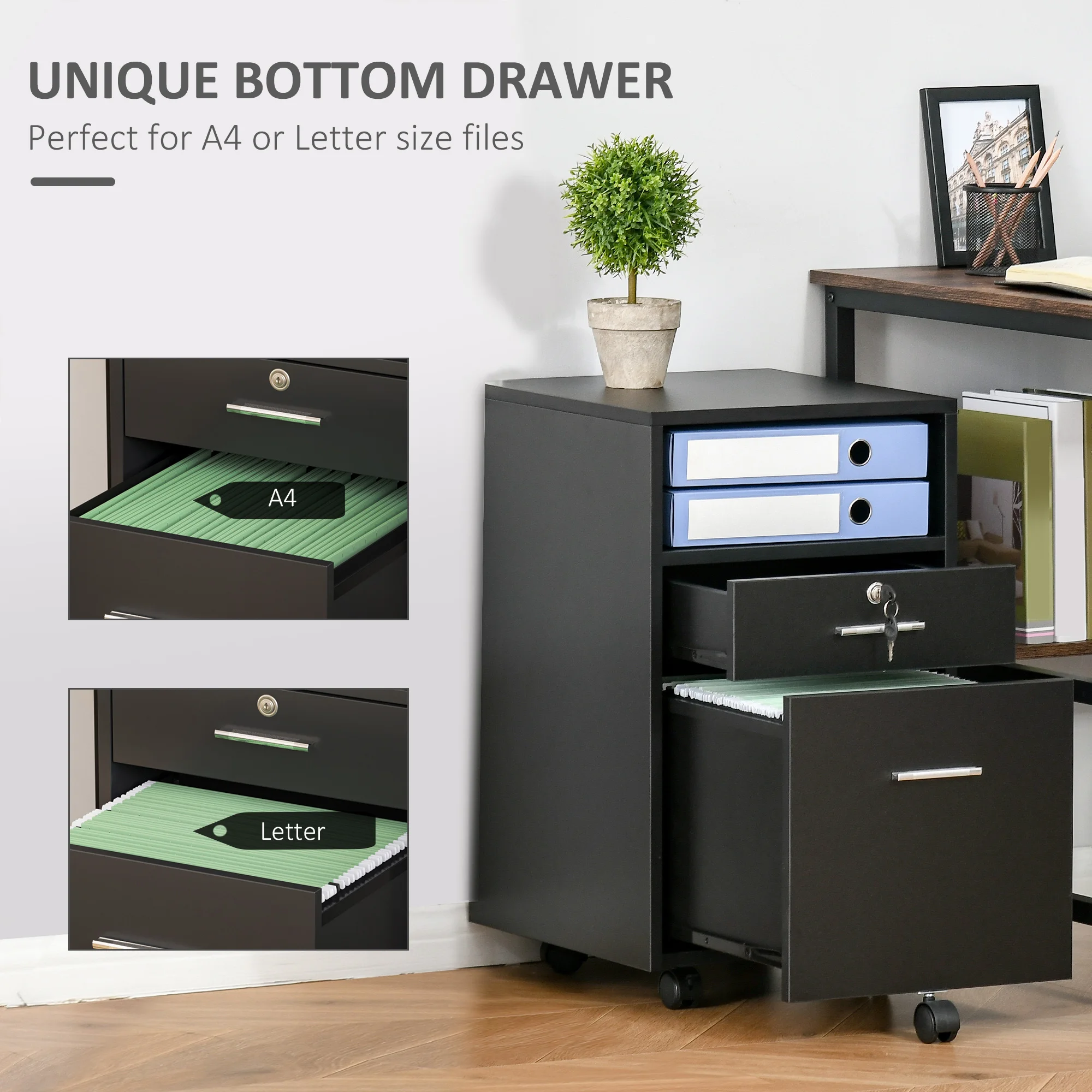 Vinsetto Mobile File Cabinet Lockable Documents Storage w/ 5 Wheels Black