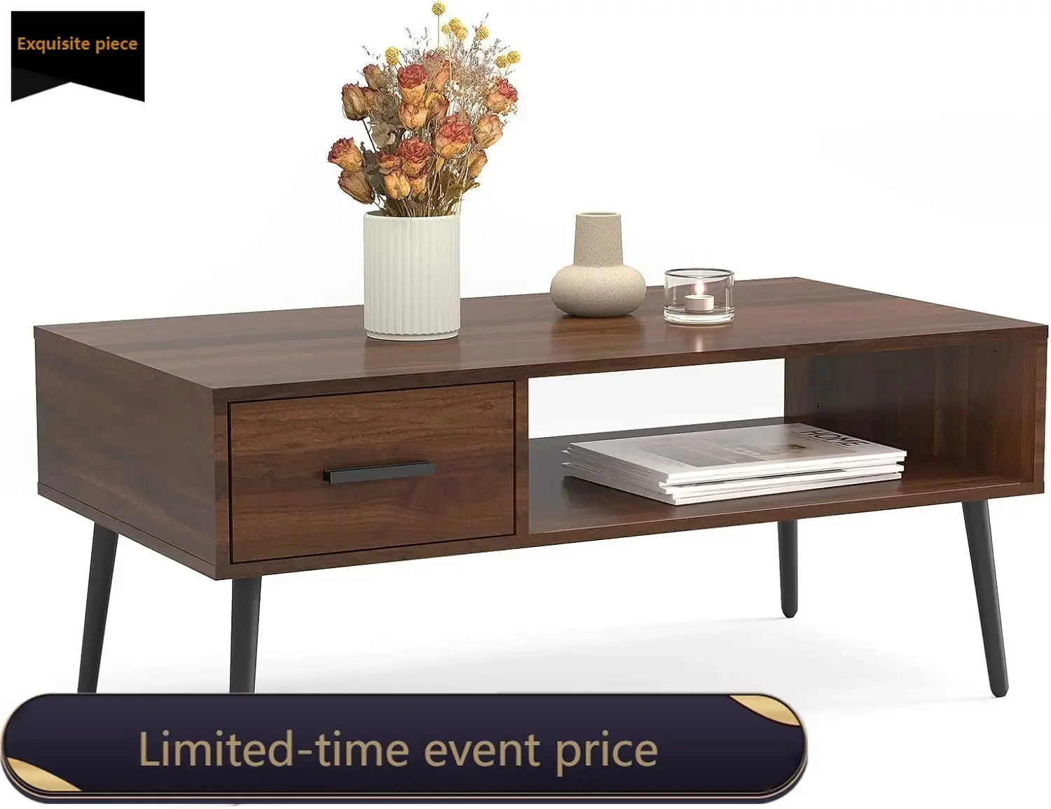 

Mid Century Modern Dark Brown Coffee Table Pine Legs Drawer Open Storage Shelf Living Room Office