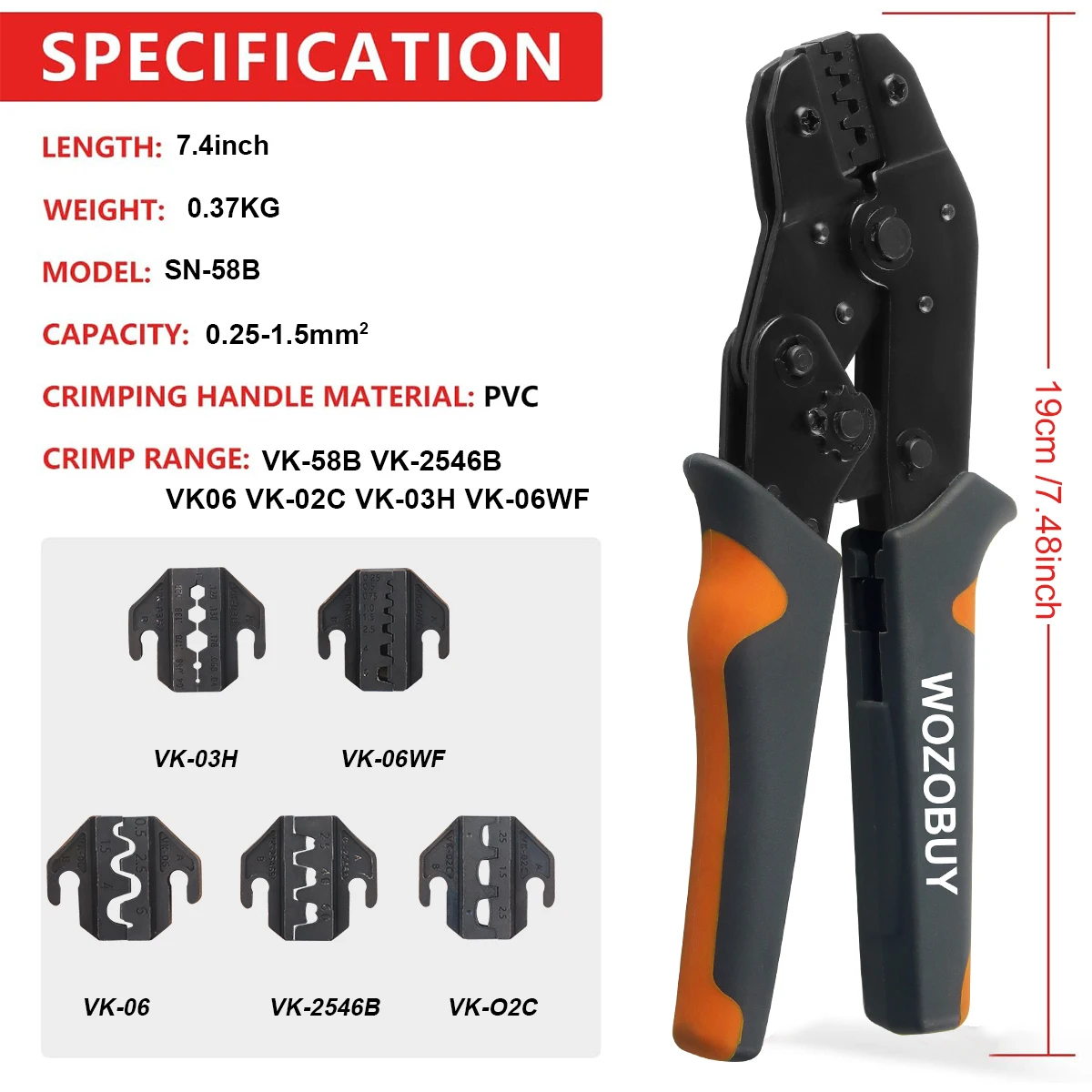 Crimping Tools SN-58B Pliers Interchangeable Jaw For XH2.54/DuPont2.54/2.8/4.8/6.3/ Non-Insulated/Ferrule Terminals Ratcheting