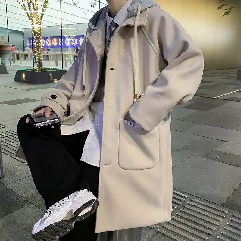 

Autumn Winter Fashion Hoodies Solid Fake Two Pieces Trench Men's Clothing Button Medium Long Styles Pockets Japanese Style Tops