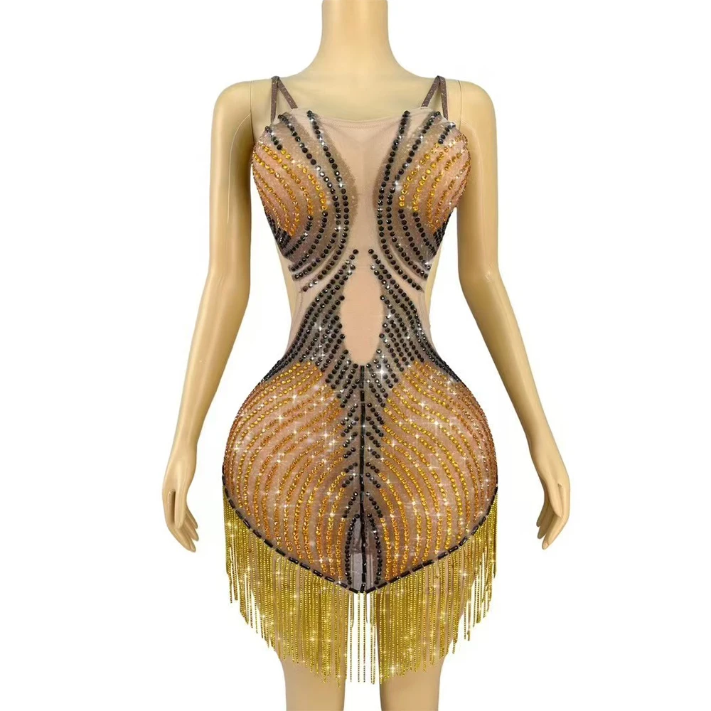 

Blingbling Rhinestones Crystals Chain Sexy Stage Backless Dress Women Birthday Party Outfit Singer Dancer Performance Costume