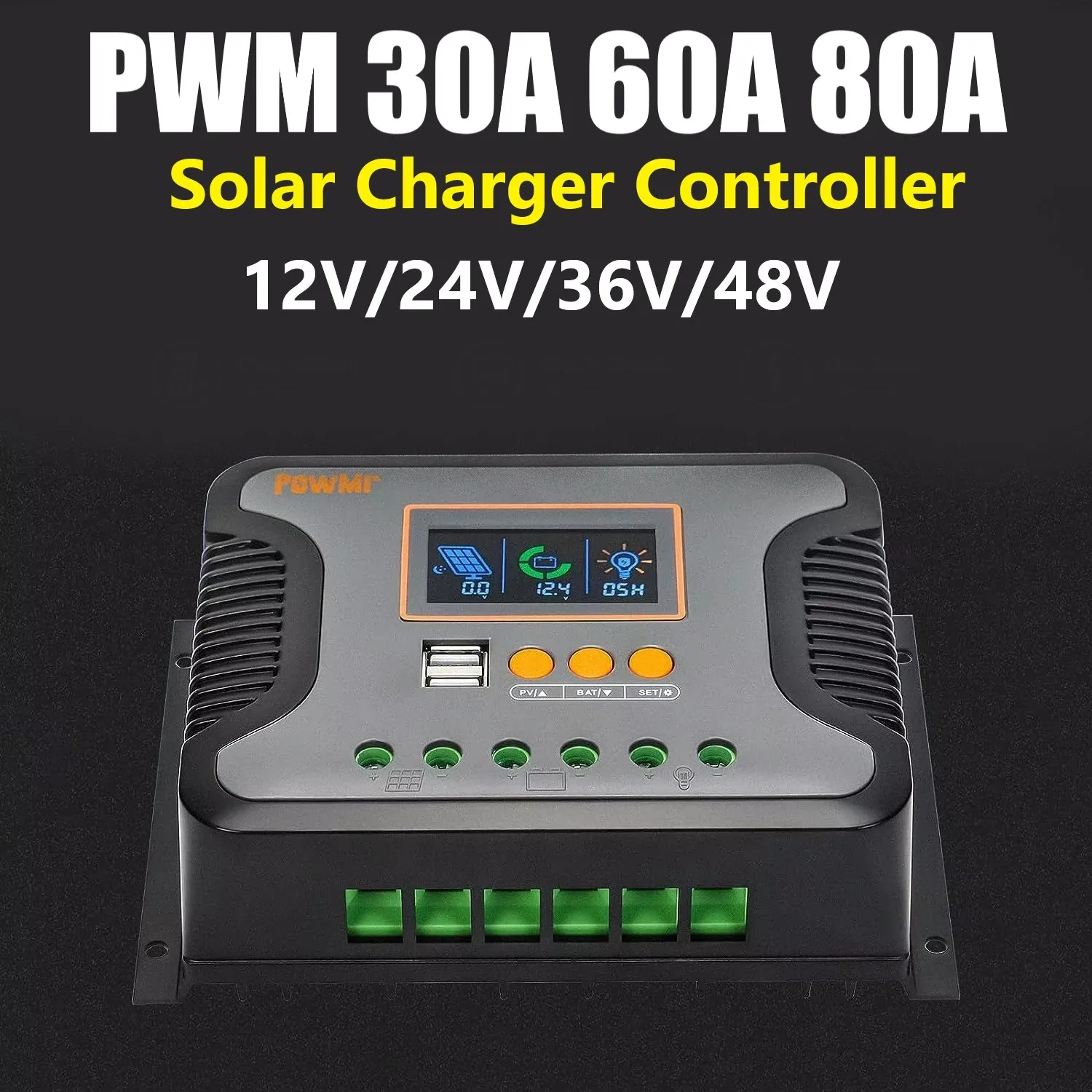 

PowMr 30A/60A/80A PWM Solar Charge Controller 12V/24V/36V/48V Auto Battery Regulator LCD Display Dual USB Output Off-Grid System