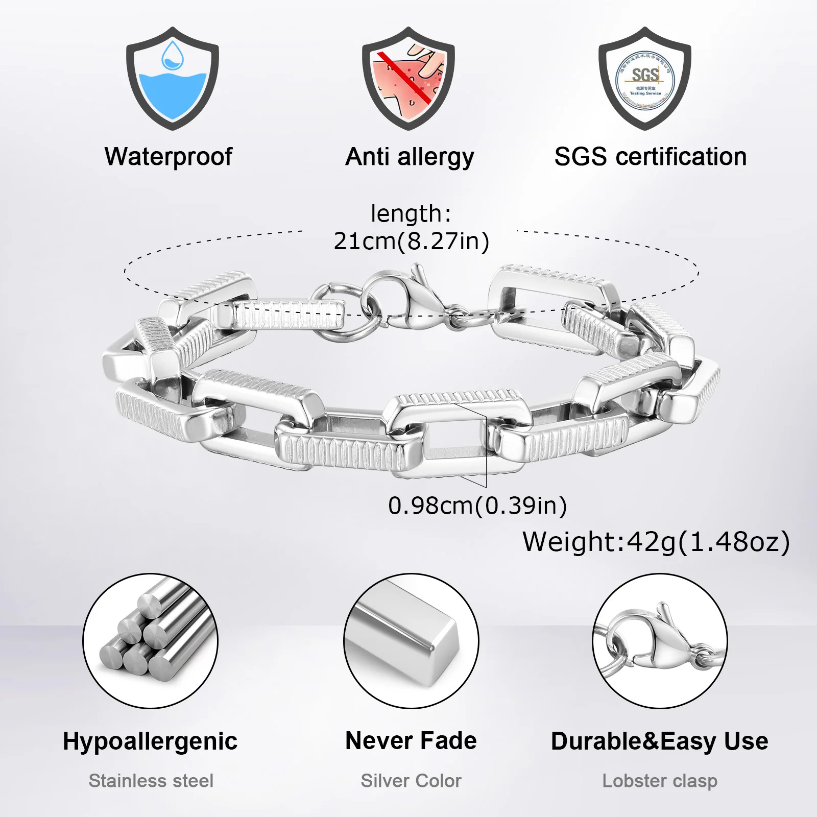 Vnox Chunky Stainless Steel Handmade Link Chain Bracelets, Never Fade Stainless Steel Round Byzantine Links Wristband