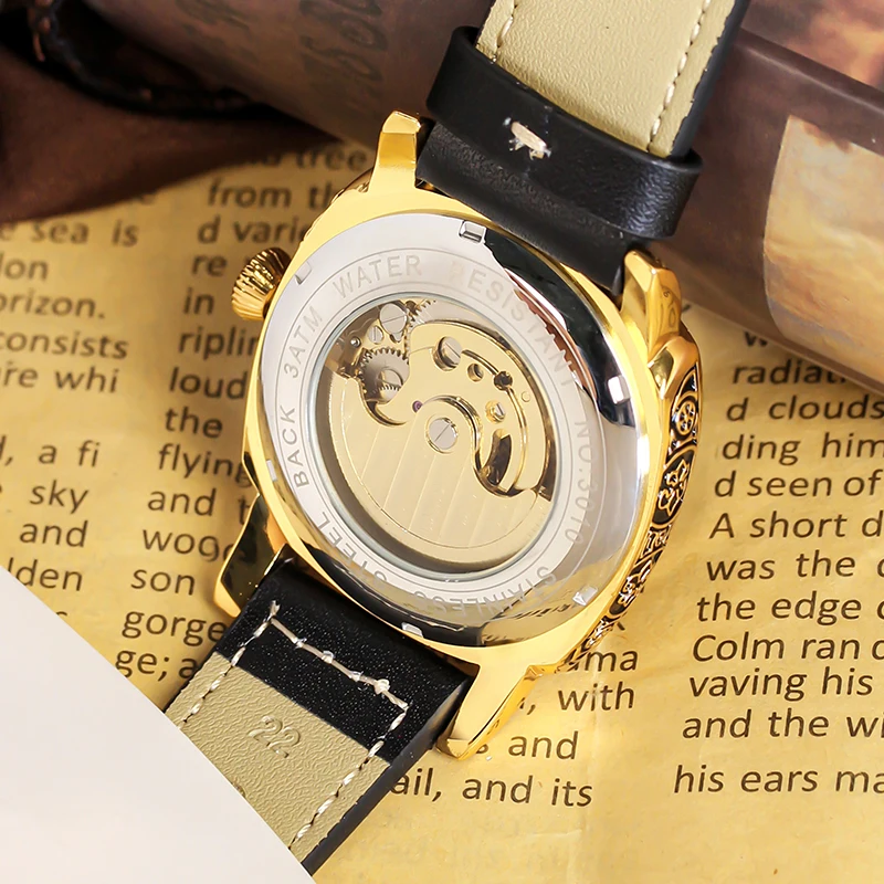 ساعة ميكانيكية أوتوماتيكية بمؤشر الشمس والقمر وحزام جلد أسود للرجال