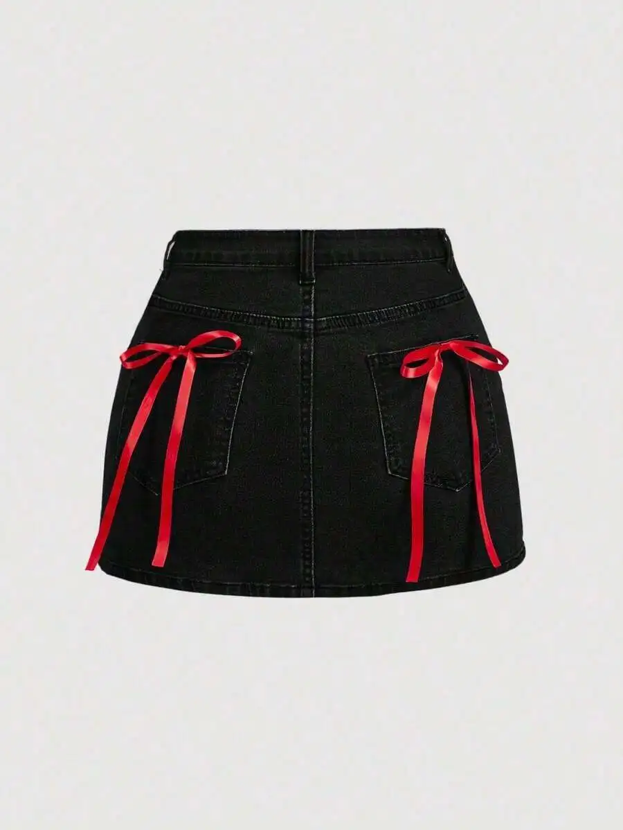 

Women Casual Short Denim Skirt With Red Bow Decor