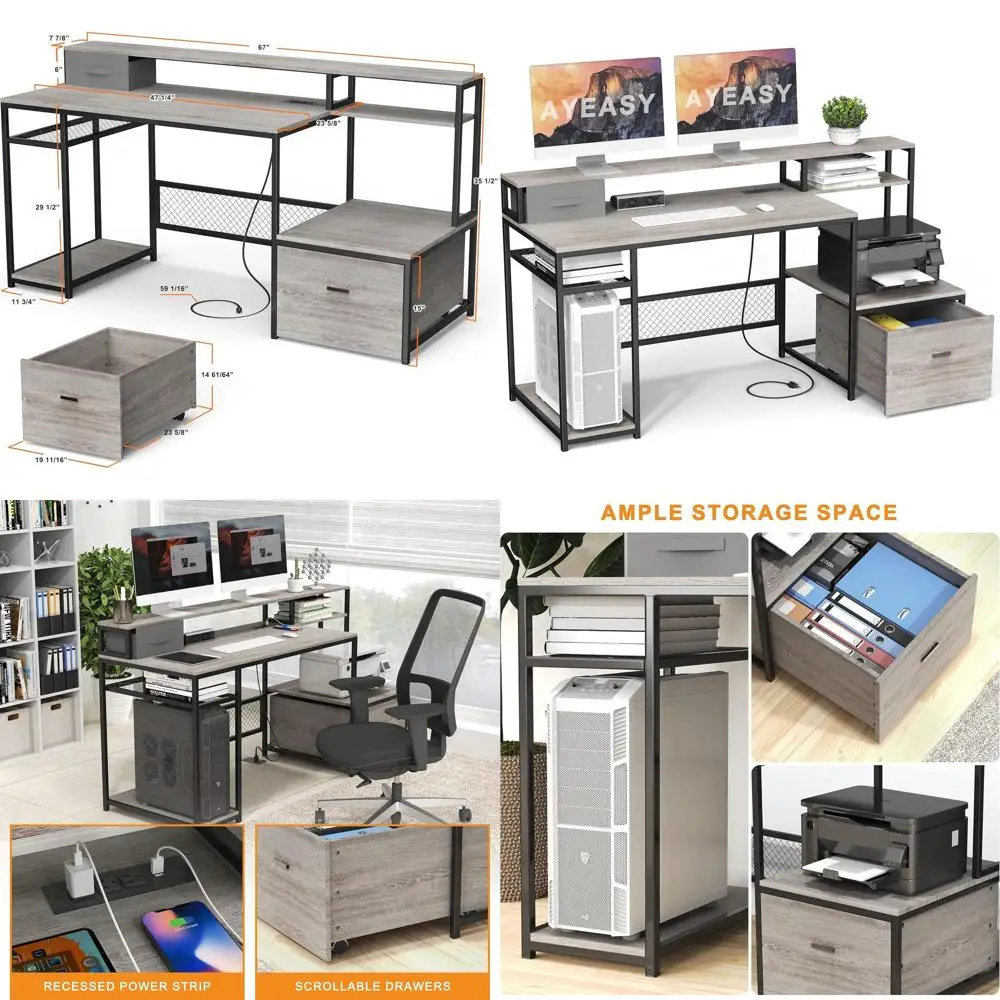 66'' Grey Home Office Desk with Drawers, Storage, Monitor Stand, Outlets, USB Ports, and File Cabinet