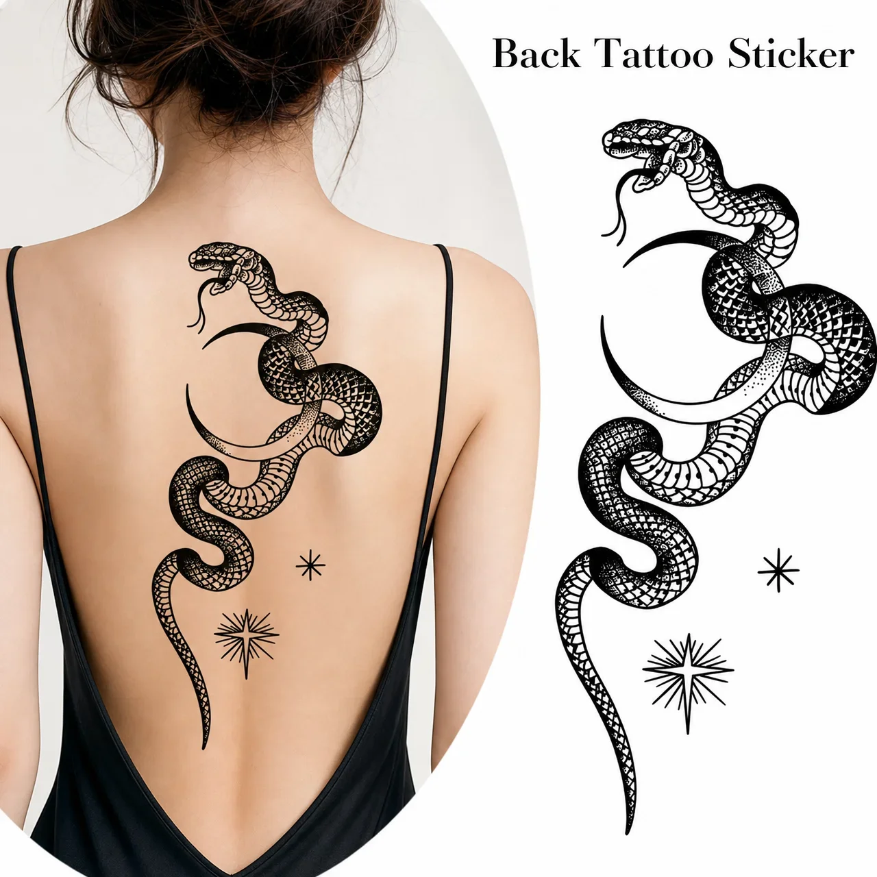 1 Sheet Per Pack Temporary Tattoo Sticker Black Waterproof Long Lasting Snake Moon Star Blackwork Line Art Back Spine for Women