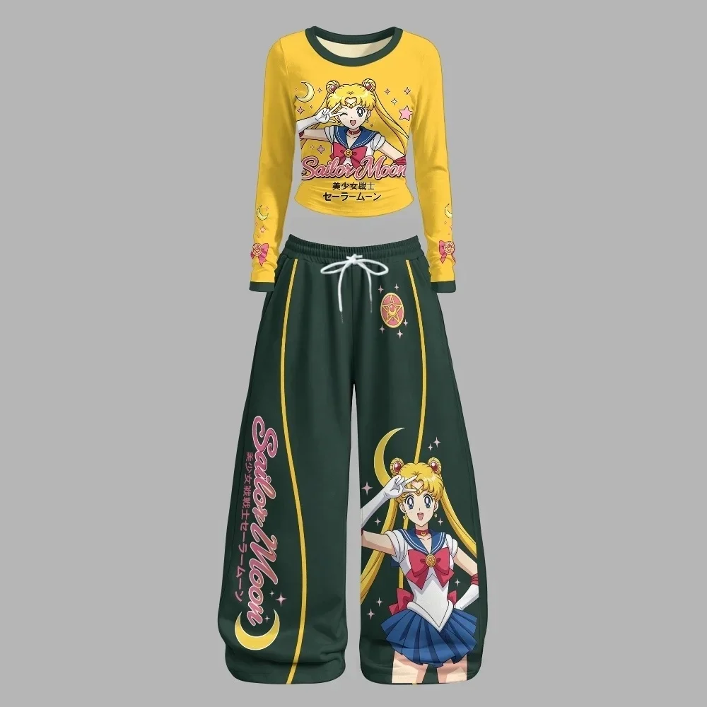 Beautiful Girl Warrior Moon Rabbit 2026 Women's Printed Long Sleeve T-shirt Wide Leg Pants Set, Suitable for Adults and Children