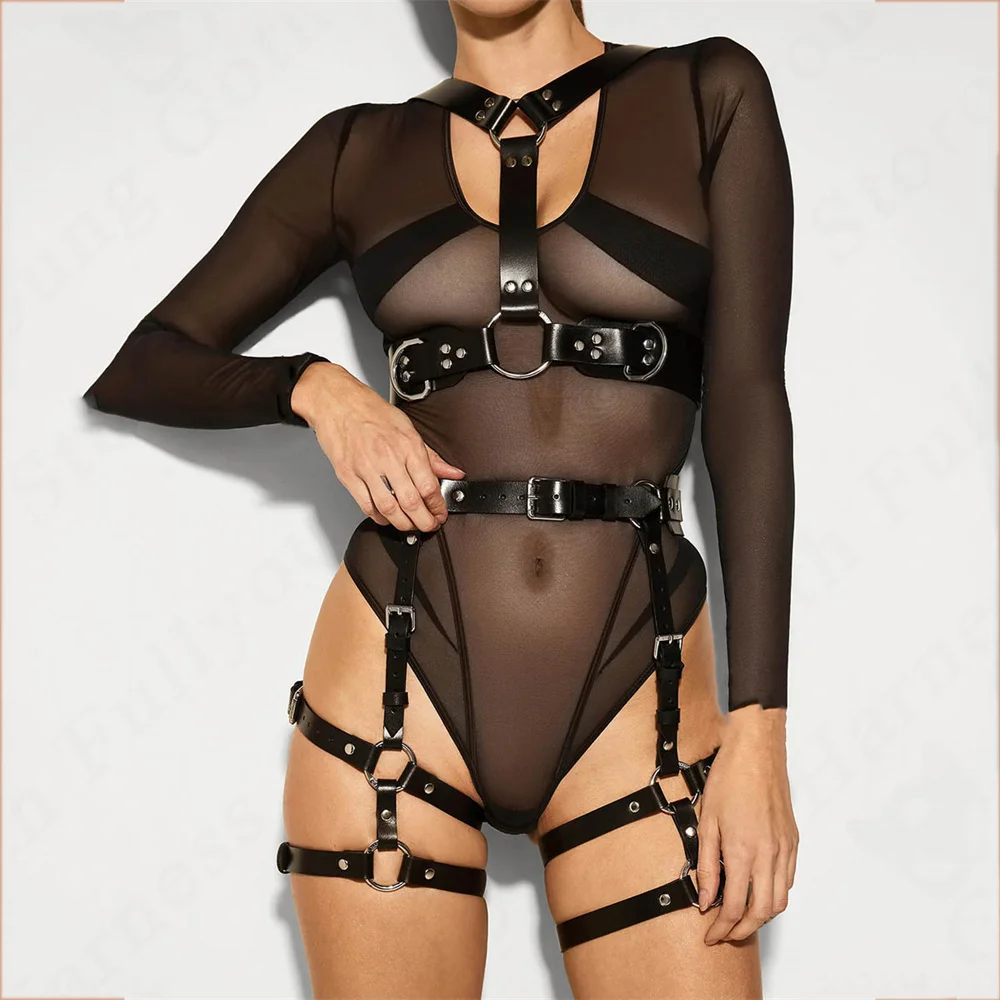 Sexy Full Body Harness Belt Set Bondage Lingerie Women Punk PU Leather Harness Bra Chest Straps Suspenders Garter Belts Summer