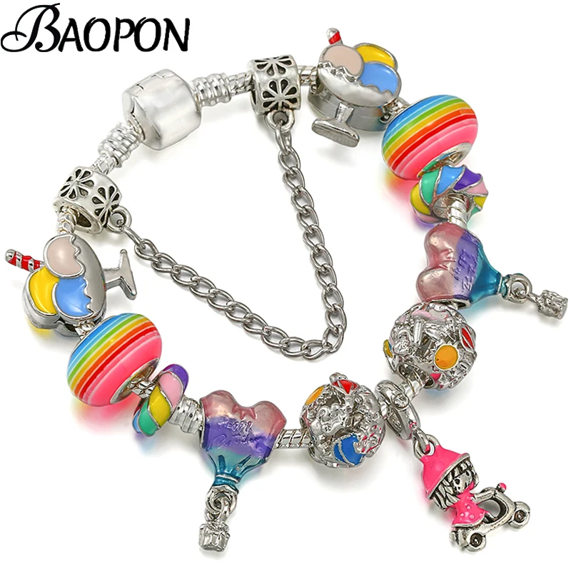 

Colorful Romantic Hot Air Balloon Beads Pendant Charm Bracelet For Women With Snake Chain Brand Bracelet Fashion DIY Jewelry