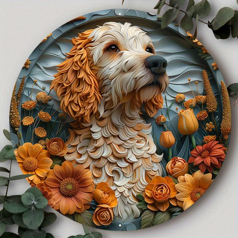 

Aluminum Metal Sign, 2D Flat Circular Wreath Logo, Tavern Club Home Scene Decoration, Golden Retriever, Gift for Dog Lovers