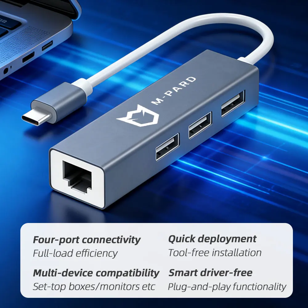 

3-портовый USB 3.0 Type-C хаб с гигабитным Ethernet RJ45 1000 Мбит/с, алюминиевый адаптер Plug & Play для MacBook, Windows, Linux, Android, Huawei