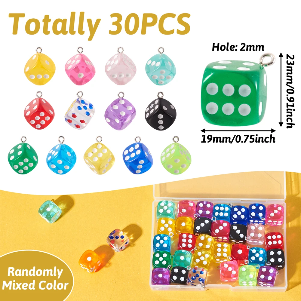 30Pcs Mixed Color Transparent Resin Dice Charm Pendants for DIY Jewelry Keychain Earrings Necklace Making Accessories