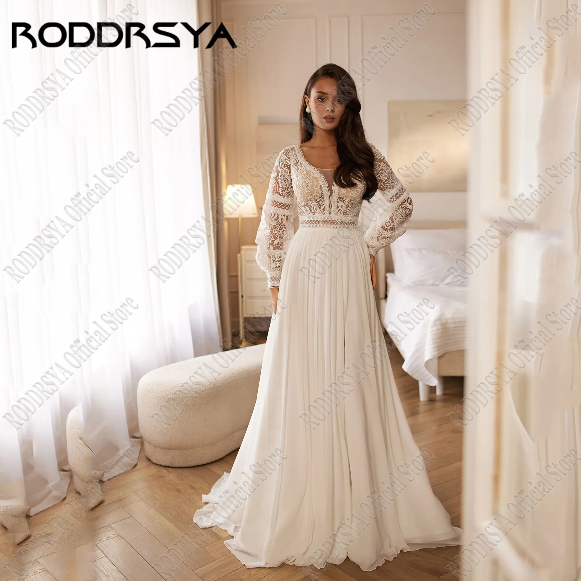 RODDRSYA Applique V-Neck Boho Chiffon Wedding Dress Puff Sleeve 2025 Backless A-Line Robe De Mariée Bridal Gown Women Customized