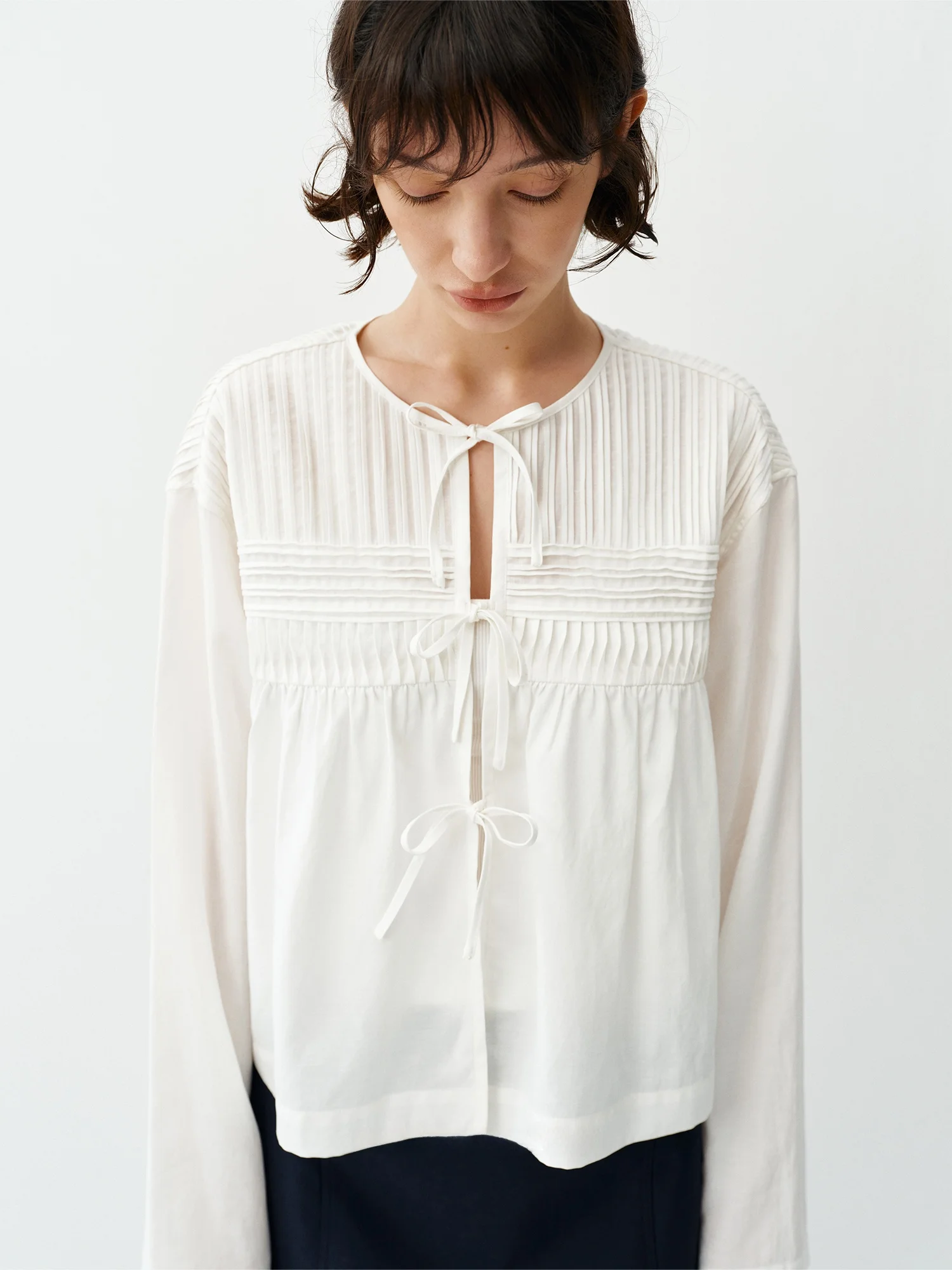 

Romantic Sle Long Sve irt Heavy Embellied Belted round Ne Vaion Wear Breathable Lightweight Faux Silk Blend