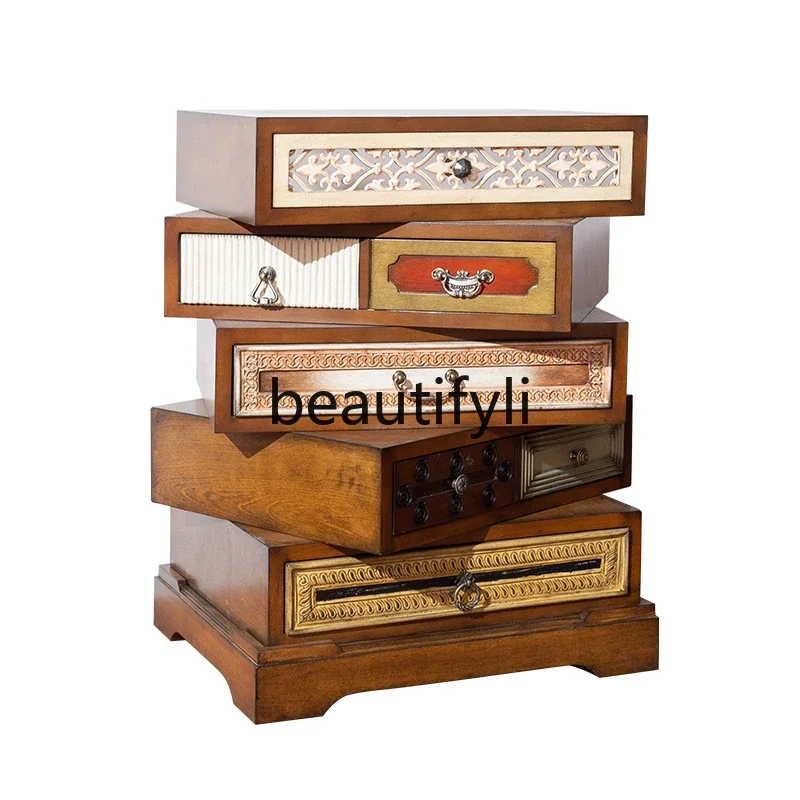 

American retro rotating bedside table medium antique small side cabinet solid wood locker storage cabinet