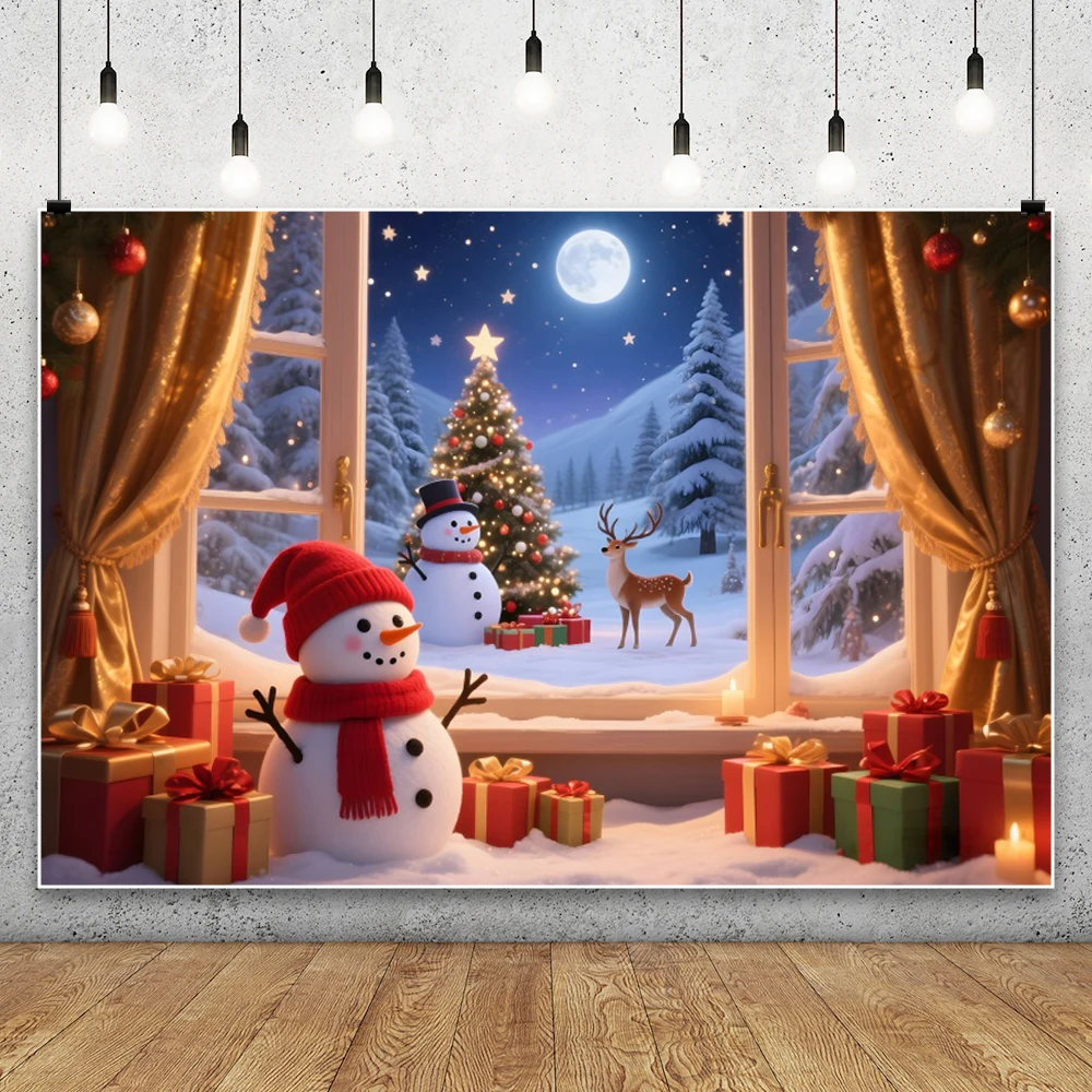 Winter Christmas Window Snowman Photography Background Xmas Tree Party Decoration Portrait Photographic Background Photo Studio