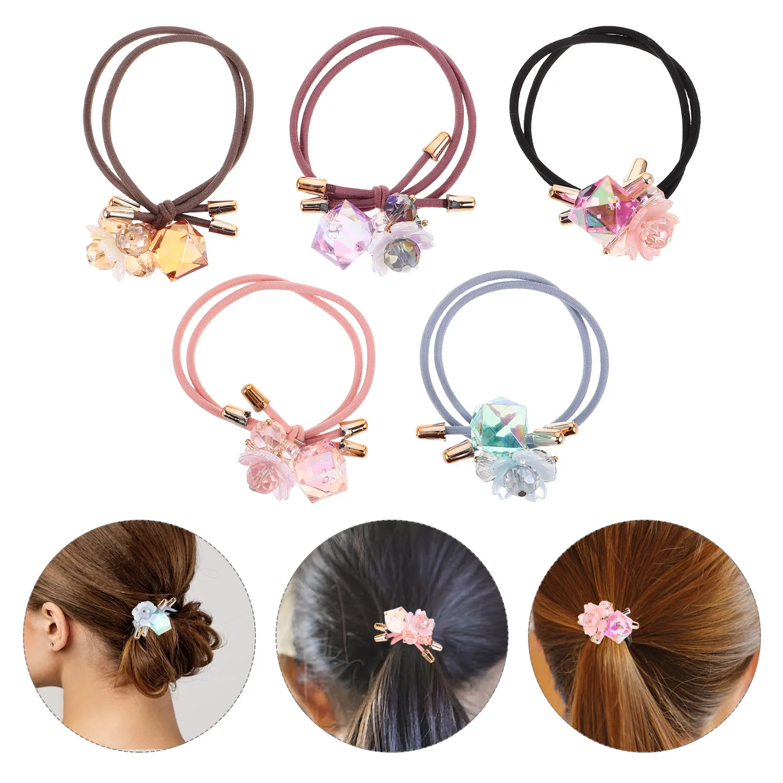 

5Pcs Crystal Flower Hair Bands Bracelet Minimalist Design Soft Elastic Ties Stylish Accessories for Women Casual Formal