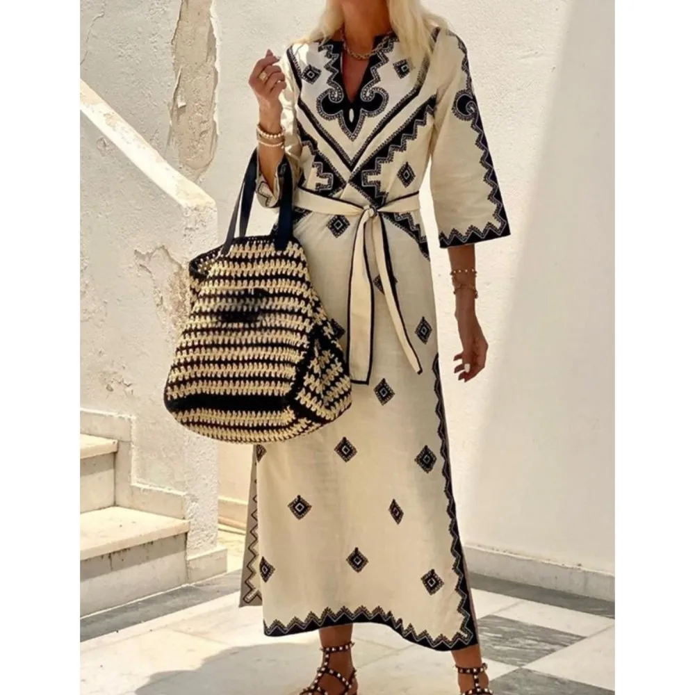 Retro Geometric Print Linen Dress For Women 2024 Spring Autumn Asian Style V-neck Half Sleeve Belt Boho Elegant Dresses Vestidos