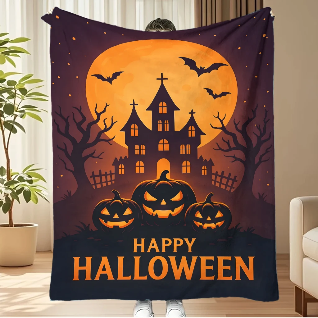 Spooky Halloween Fleece Blanket Haunted Mansion Pumpkin Lantern Bat Dead Tree Moon Pattern Soft Warm Plush Throw for Bed Sofa