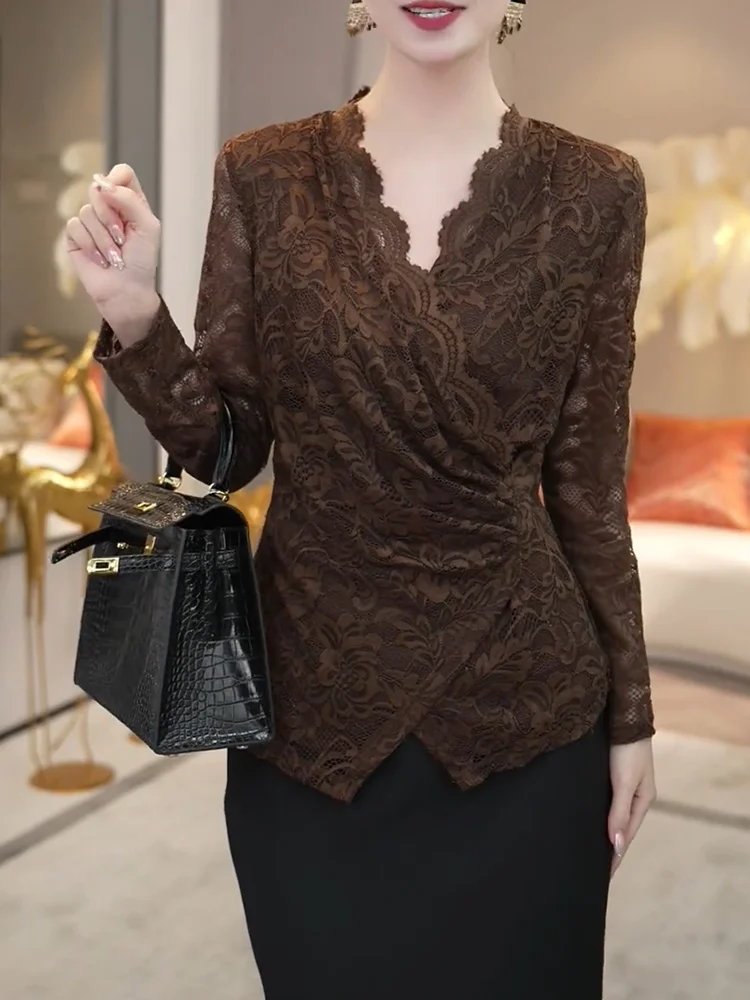 

Ele V-ne Lace Long Sve Top Age-defng Slim Fit plus Size Versatile Autumn 2025 New Arrival Women's Faion