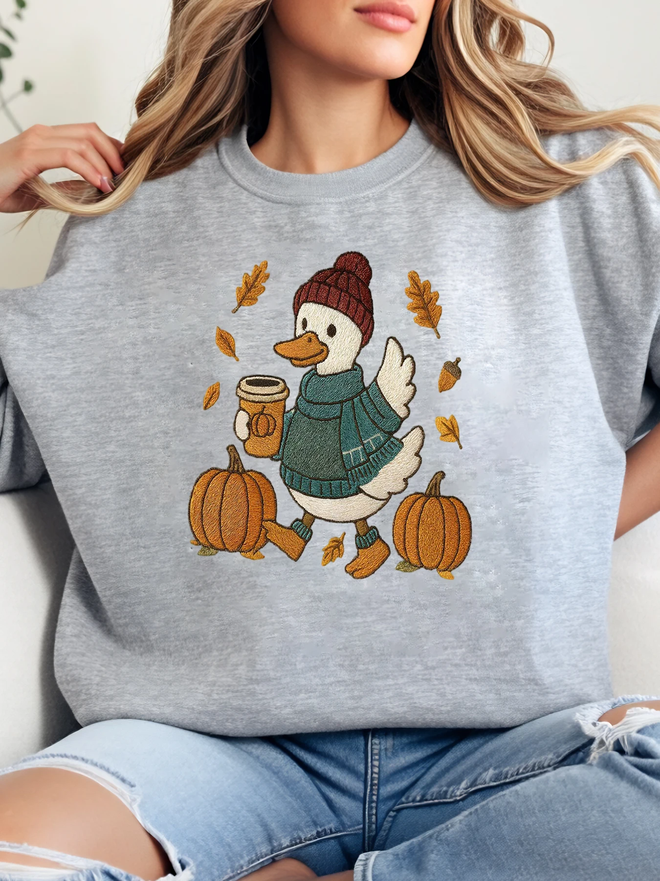 

Осенний осенний свитшот «Утка с тыквой и кофе», женская повседневная одежда, серый, больших размеров